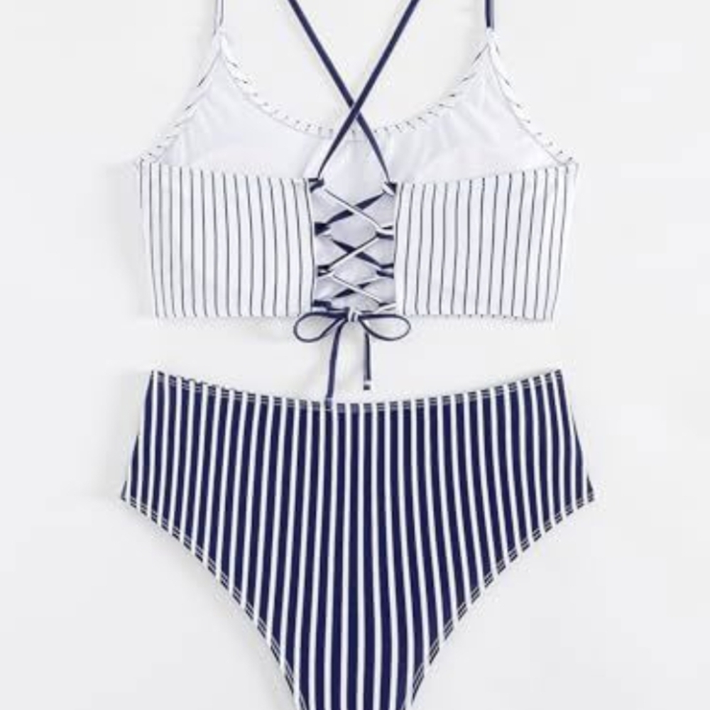 Retro High-Waisted Navy and White Bikini, New in Bag, Never Worn, Size XS - Picture 2 of 3